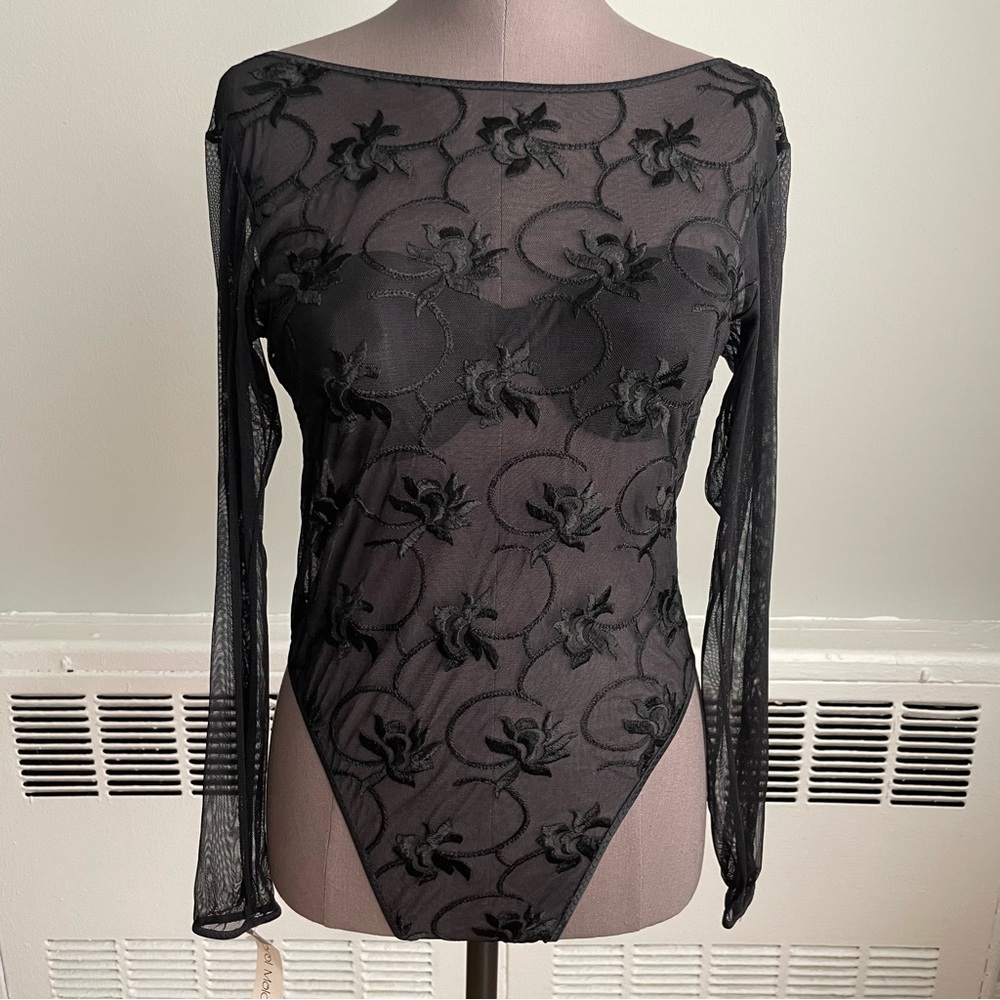 Long sleeved Black Sheer embroidered bodysuit